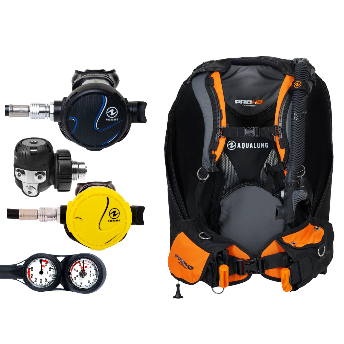Component montage on white: the Aqua Lung Titan regulator, the yellow Titan octopus and a twin-dial Combo 2K console, beside the Pro HD Compact buoyancy compensator in black and orange.