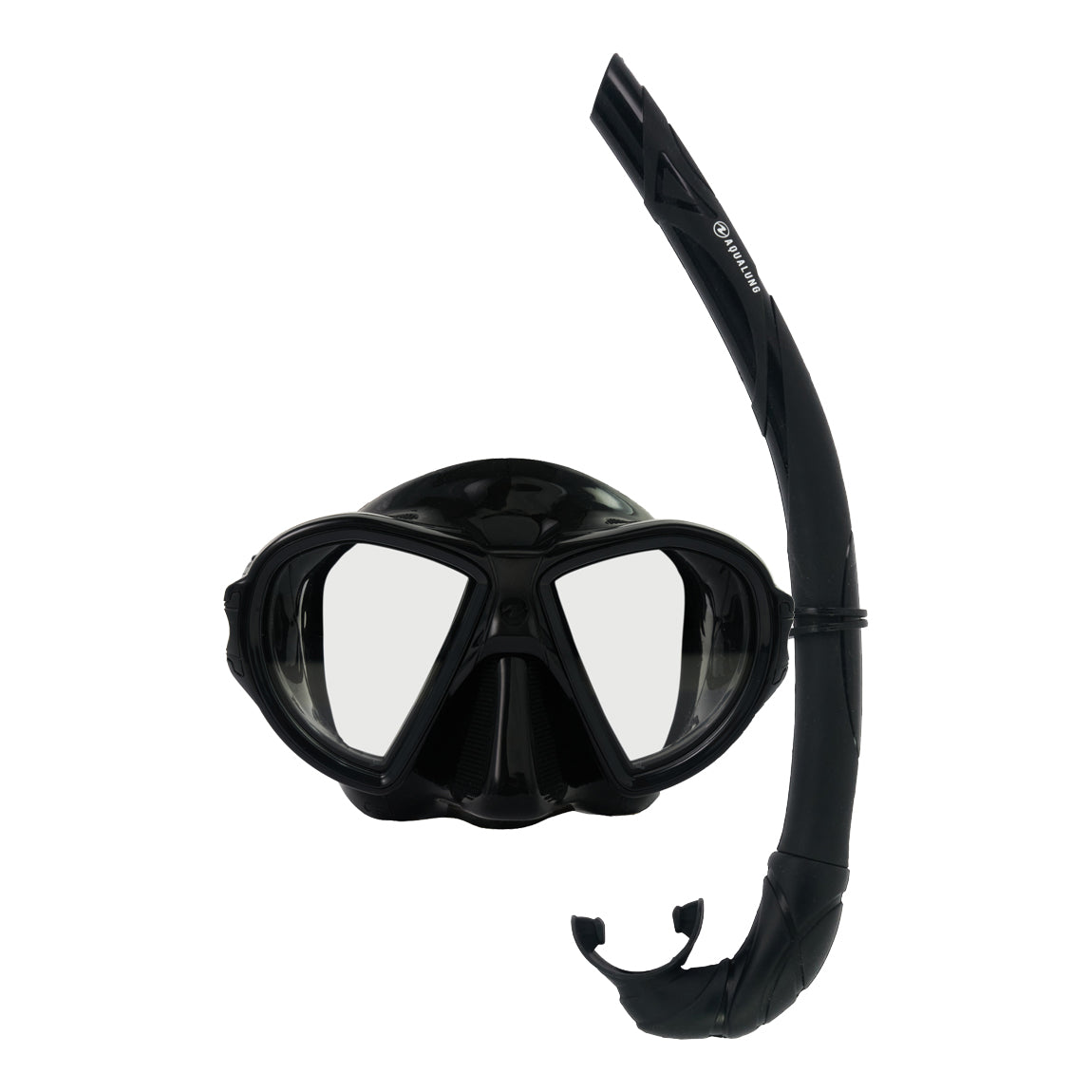 Component montage on white: Micromask X mask in black and Wrap snorkel in black.