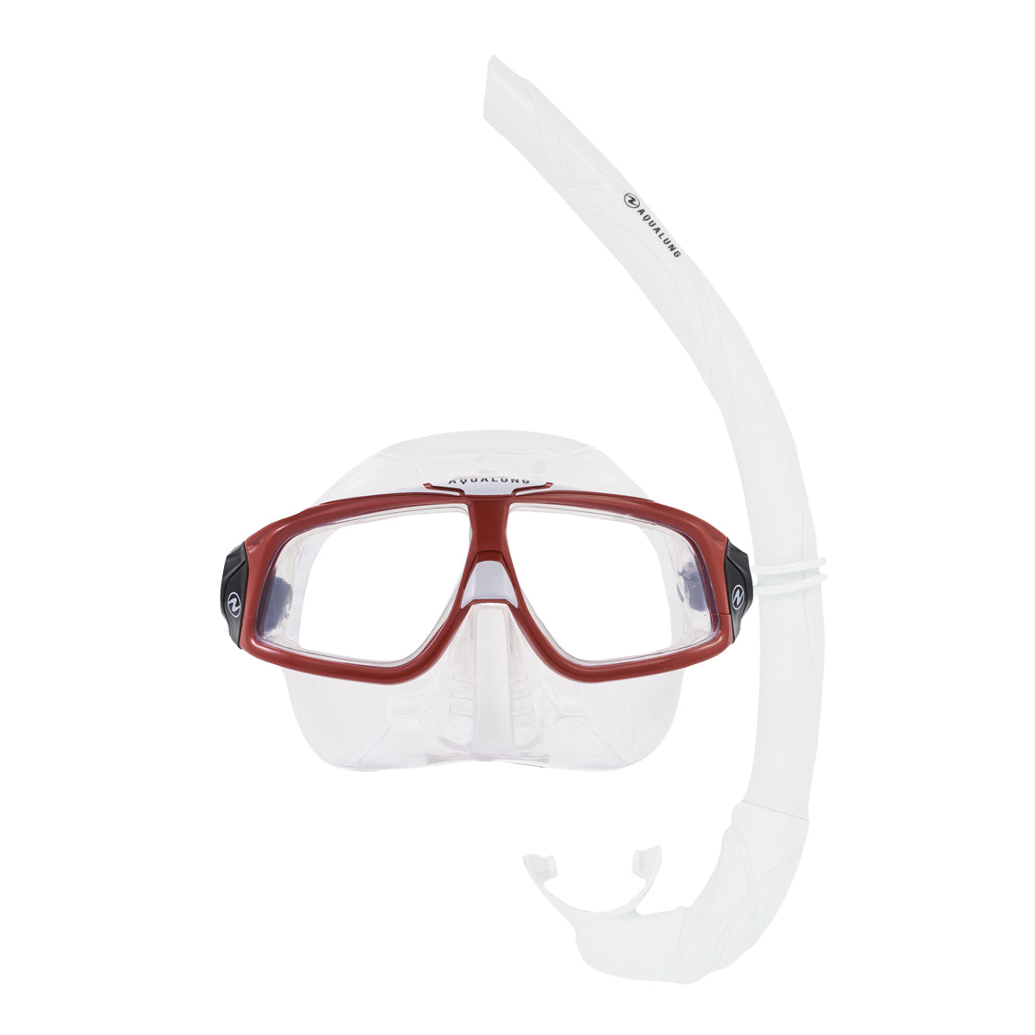 Component montage on white: Sphera X mask in brick and white and Wrap snorkel in white.