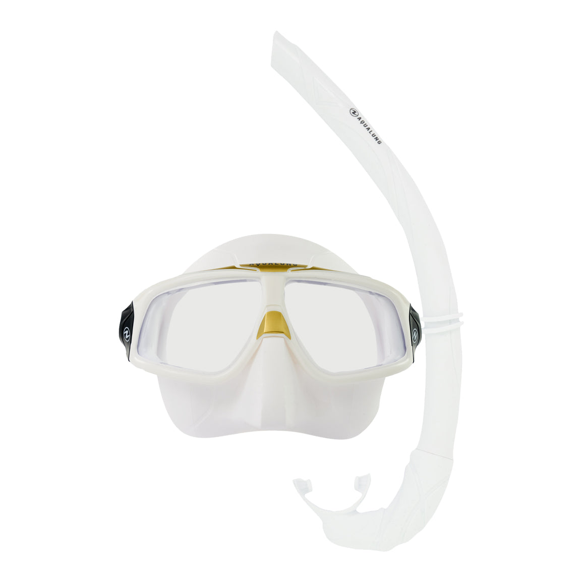 Component montage on white: Sphera X mask in white and gold with a mirrored lens and Wrap snorkel in white.