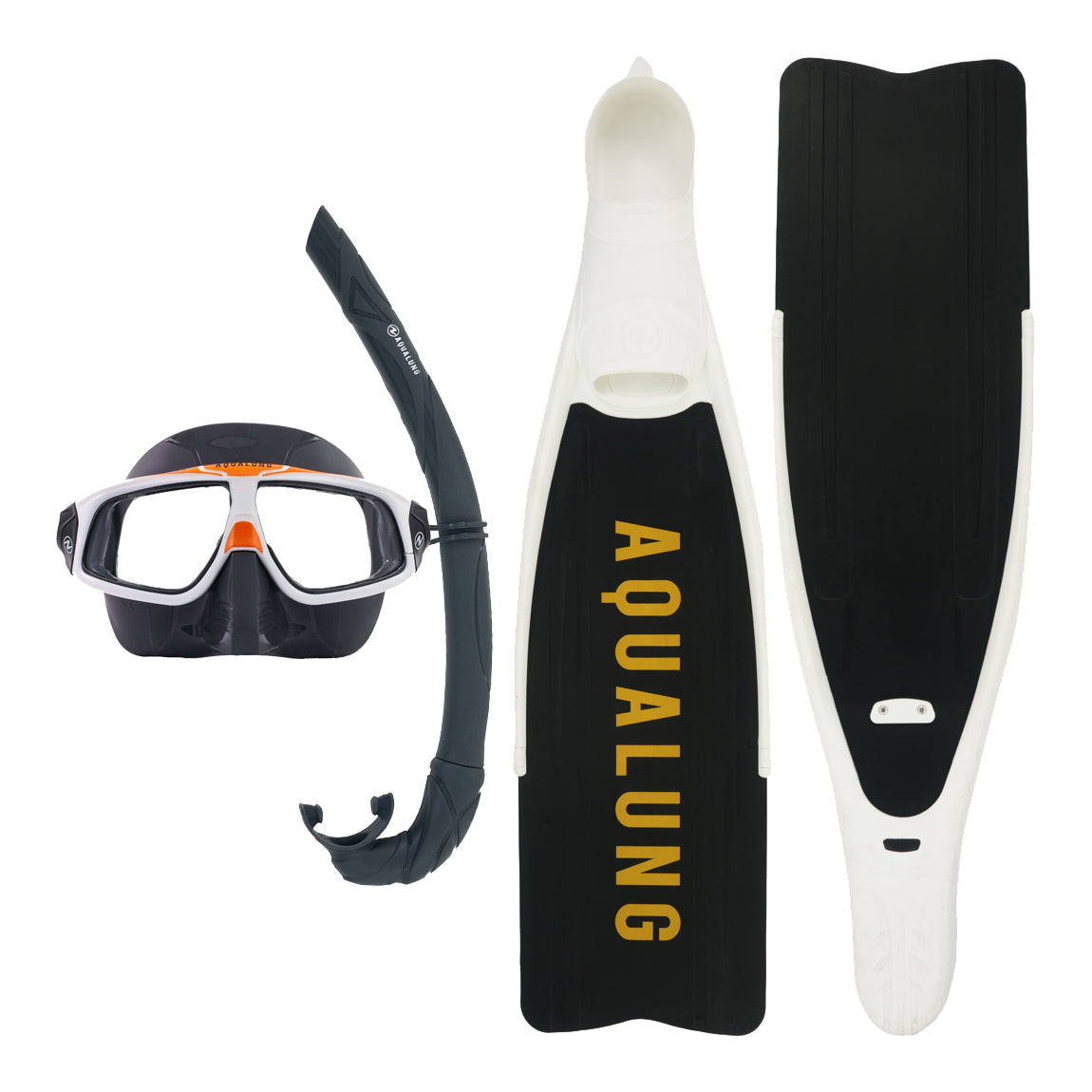Component montage on white: Cyclone X fins in white, Sphera X mask in asphalt and orange and Wrap snorkel in grey.