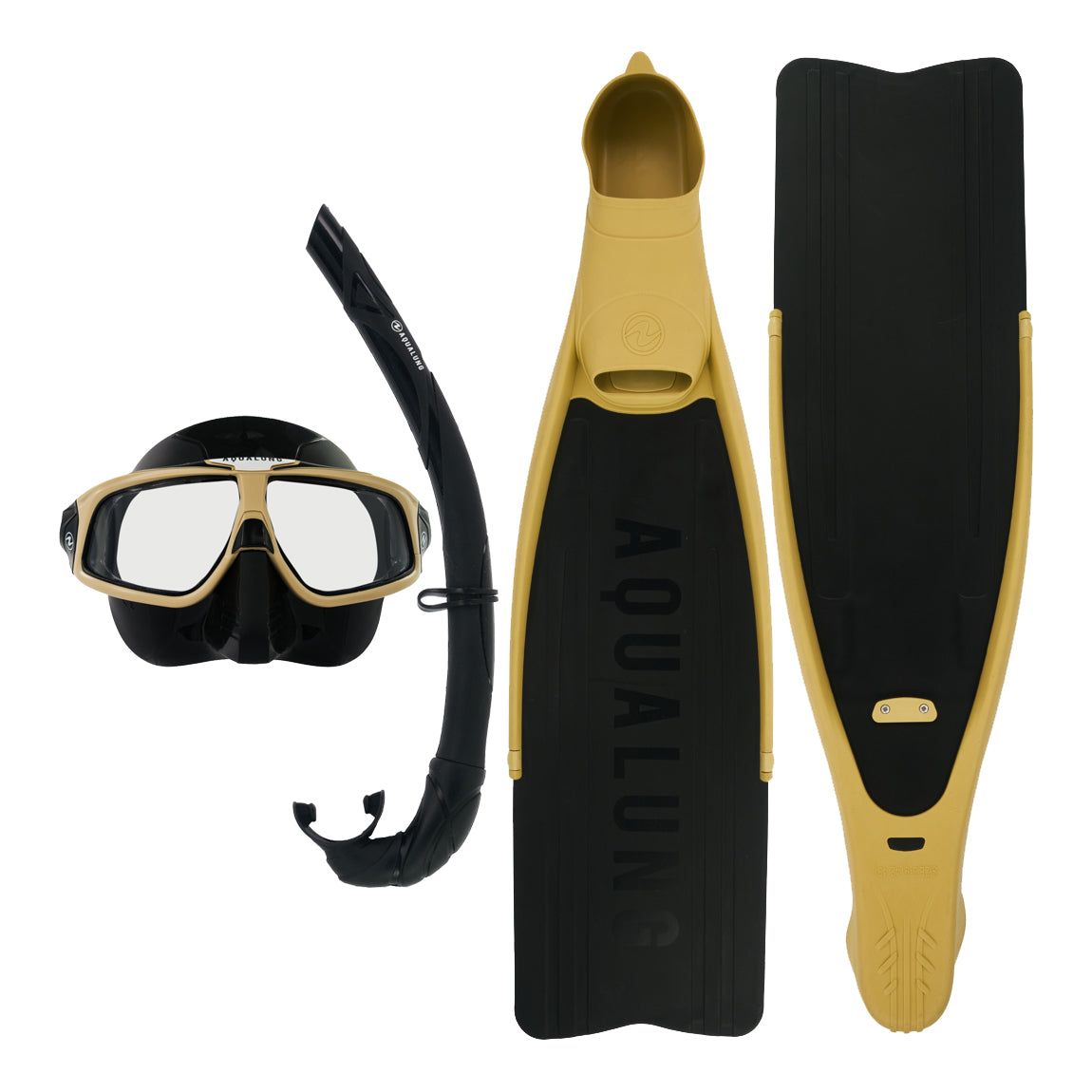 Component montage on white: Cyclone X fins in sand, Sphera X mask in black and sand and Wrap snorkel in black.