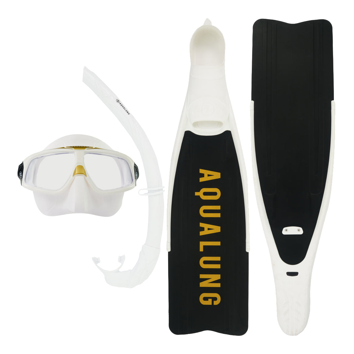 Component montage on white: Cyclone X fins in white, Sphera X mask in white and gold and Wrap snorkel in white.