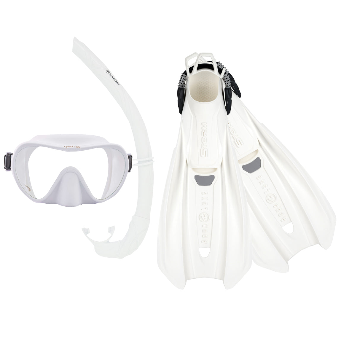 Component montage on white: Storm fins in white, Nabul mask in white and Wrap snorkel in white.