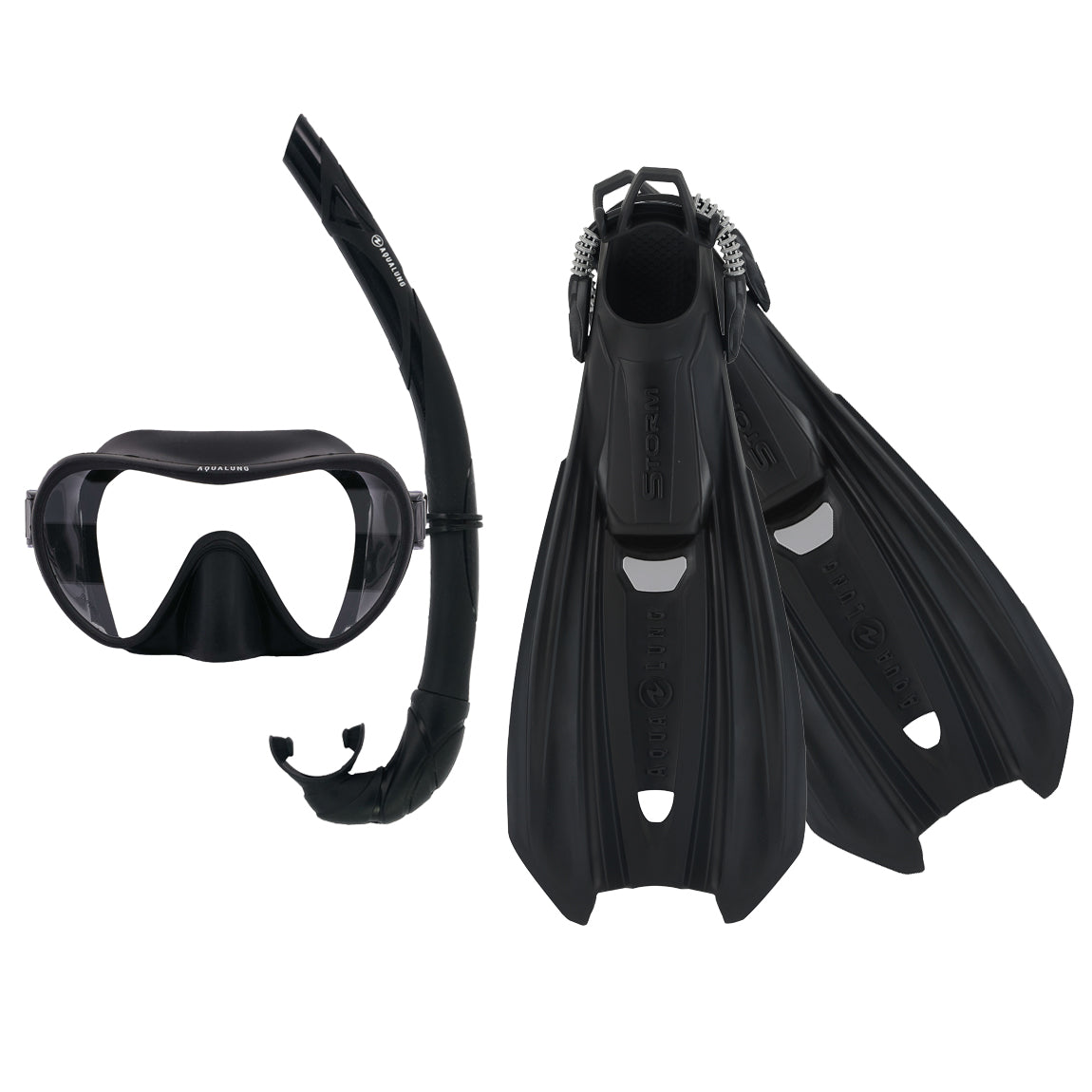 Component montage on white: Storm fins in black, Nabul mask in black and Wrap snorkel in black.