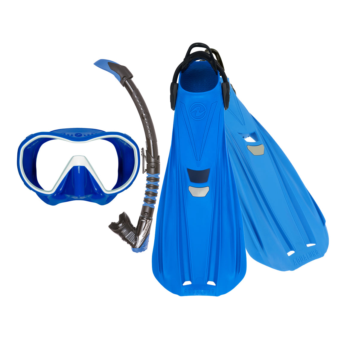 Component montage on white: Storm Max fins in blue, Plazma mask in blue and Zephyr Flex snorkel in black and blue.