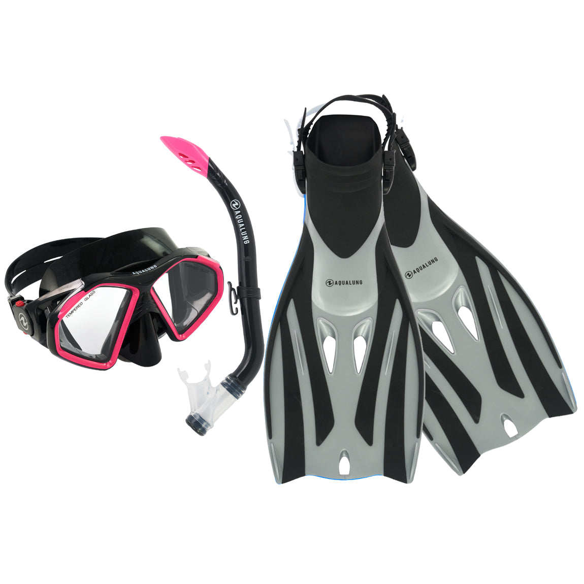 Component montage on white: Fizz adult fins in black, Hawkeye mask in black and pink and Pike snorkel.