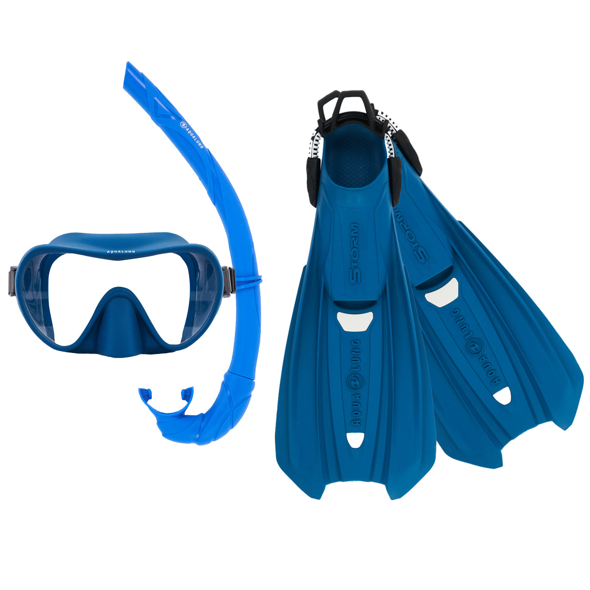 Component montage on white: Storm fins in petrol, Nabul mask in blue and Wrap snorkel in blue.