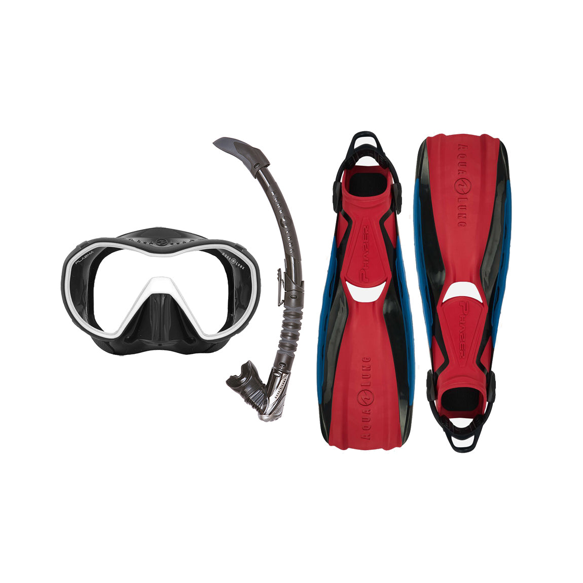 Component montage on white: Phazer fins in black and red, Plazma mask in black and white and Zephyr Flex snorkel in black.