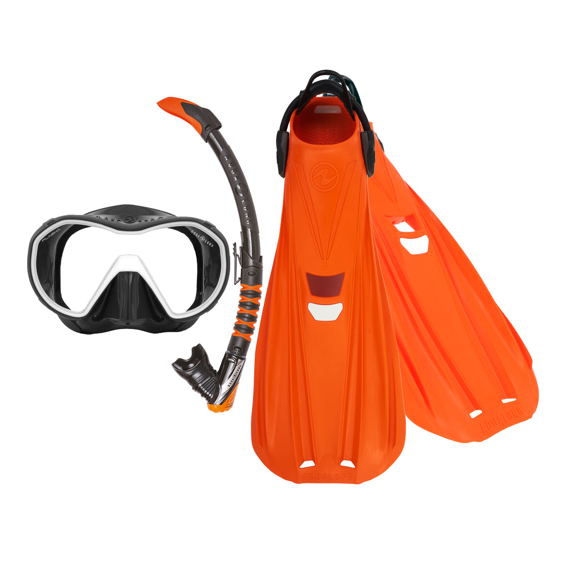 Component montage on white: Storm Max fins in orange, Plazma mask in black and white and Zephyr Flex snorkel in black and orange.