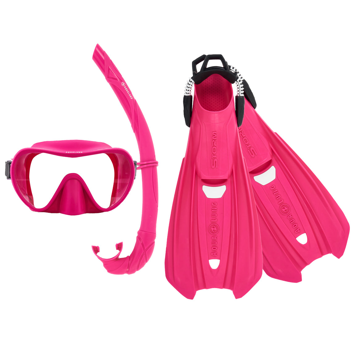 Component montage on white: Storm fins in pink, Nabul mask in pink and Wrap snorkel in pink.