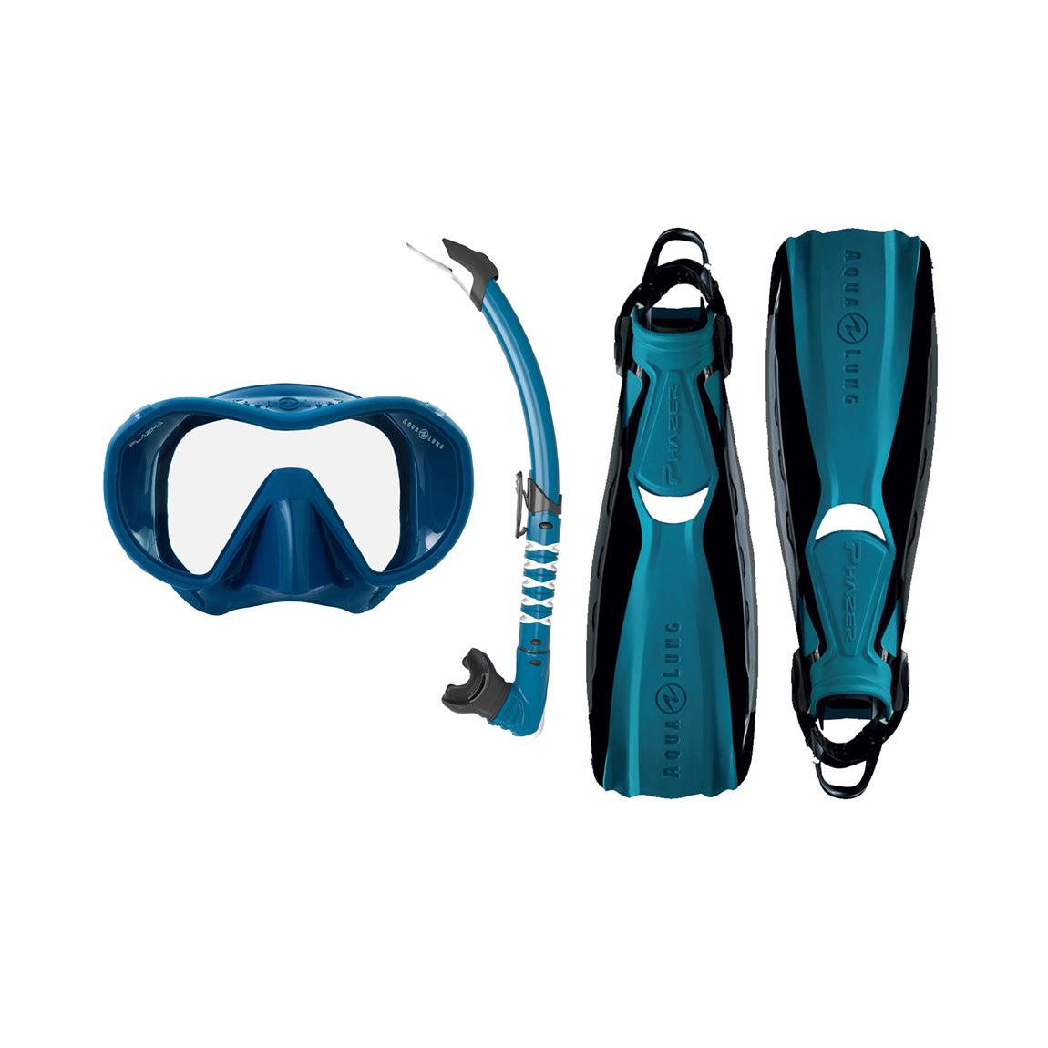 Component montage on white: Phazer fins in black and petrol, Plazma mask in petrol and Zephyr Flex snorkel in petrol and white.