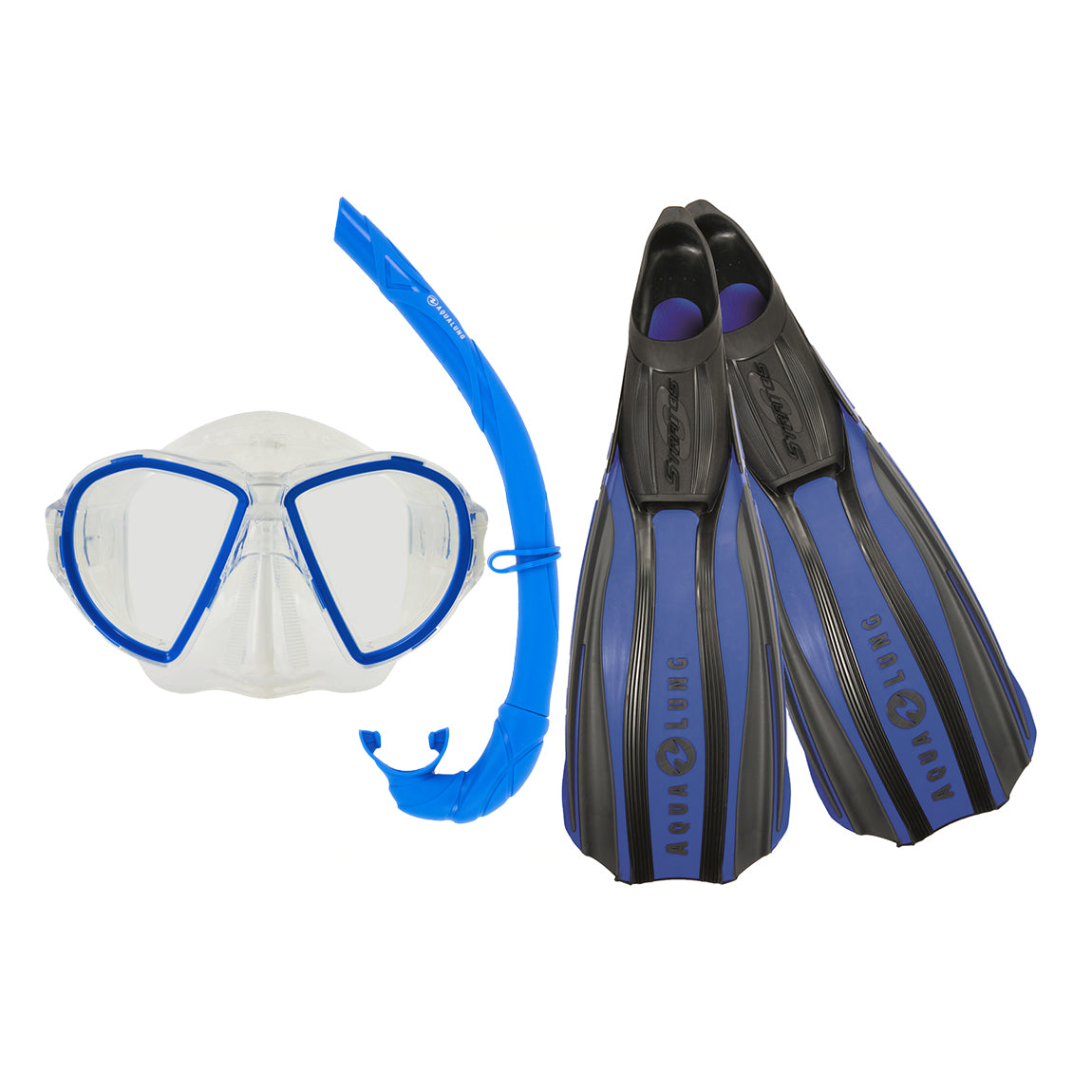 Component montage on white: Stratos 3 fins in blue, Duetto mask in blue and Wrap snorkel in blue.