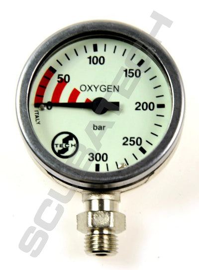 Scubatech 52 mm oxygen pressure gauge with a 300 bar dial, chrome
