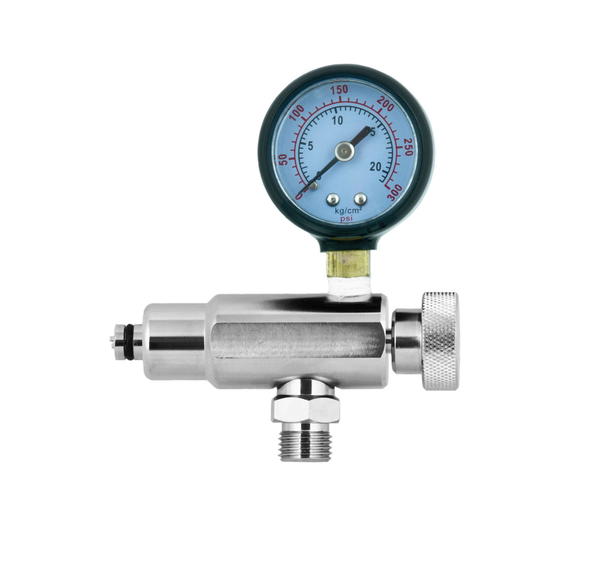 Tecline intermediate pressure test gauge, blue dial on a chromed body with knurled knob