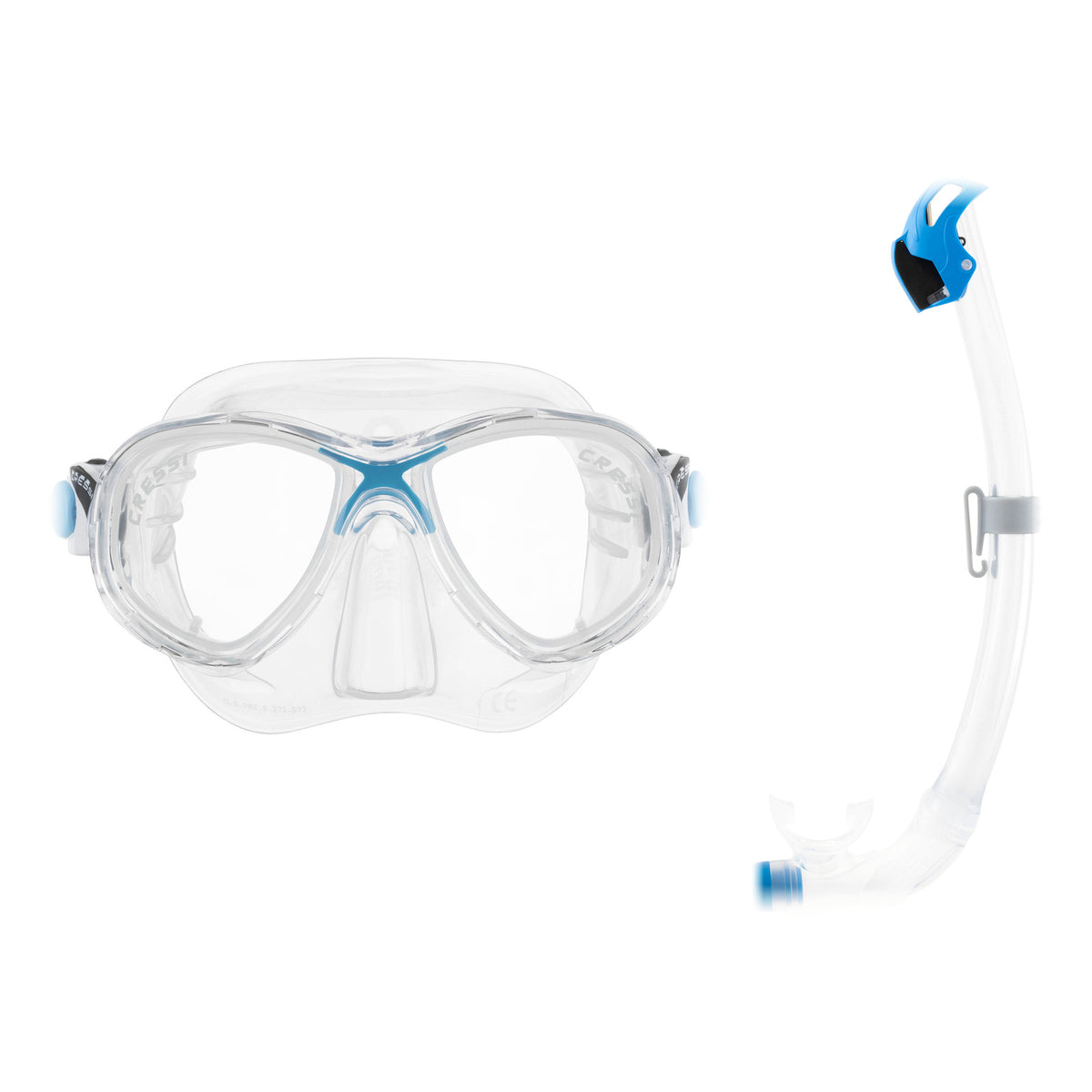 Cressi Marea Junior mask in clear with blue and Seal Dry snorkel in clear with azure
