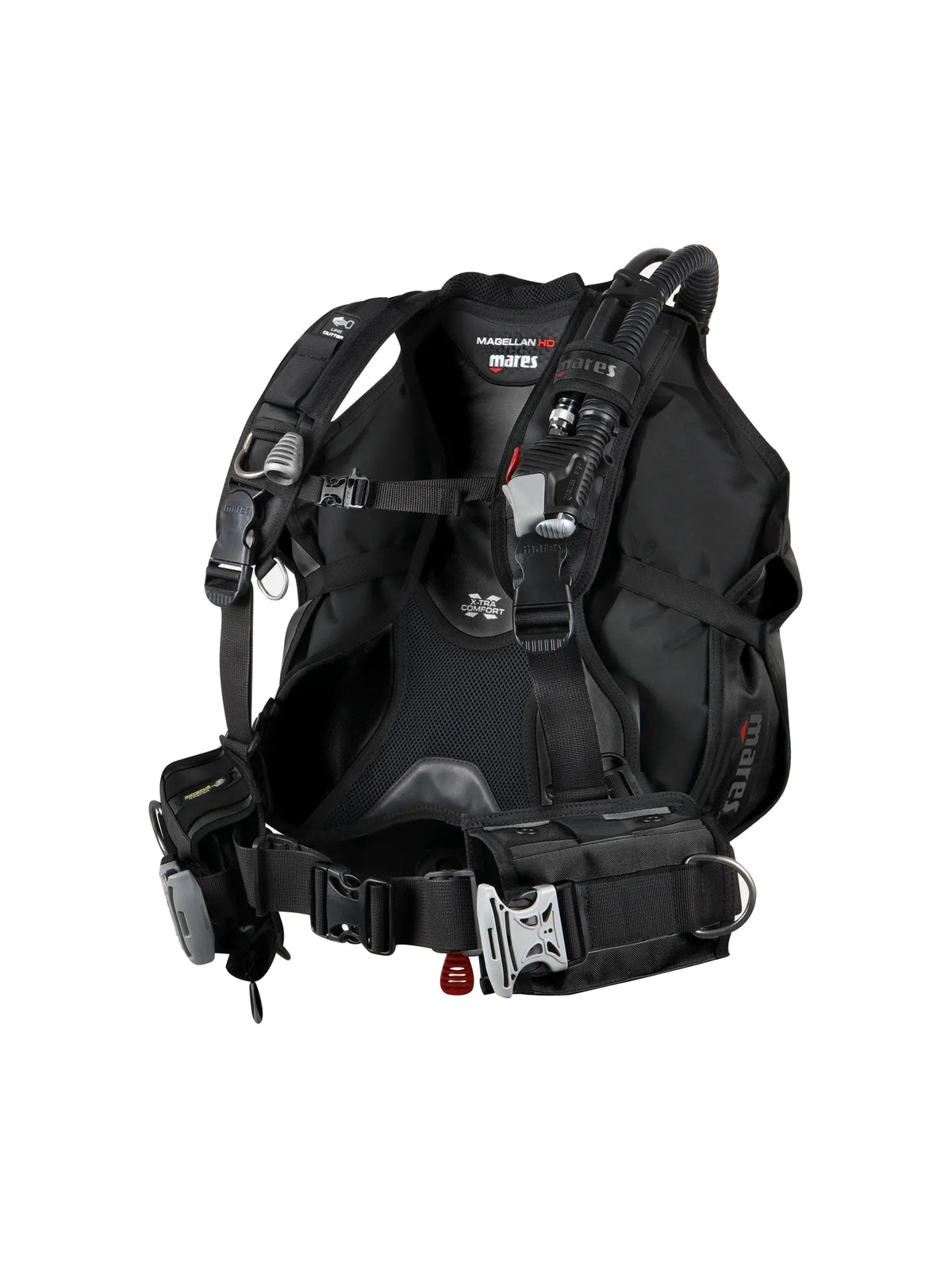 Mares Magellan HD back-inflation BCD in all black, front three-quarter view
