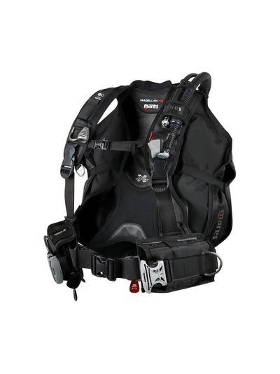 Mares Magellan HD back-inflation BCD in all black, front three-quarter view