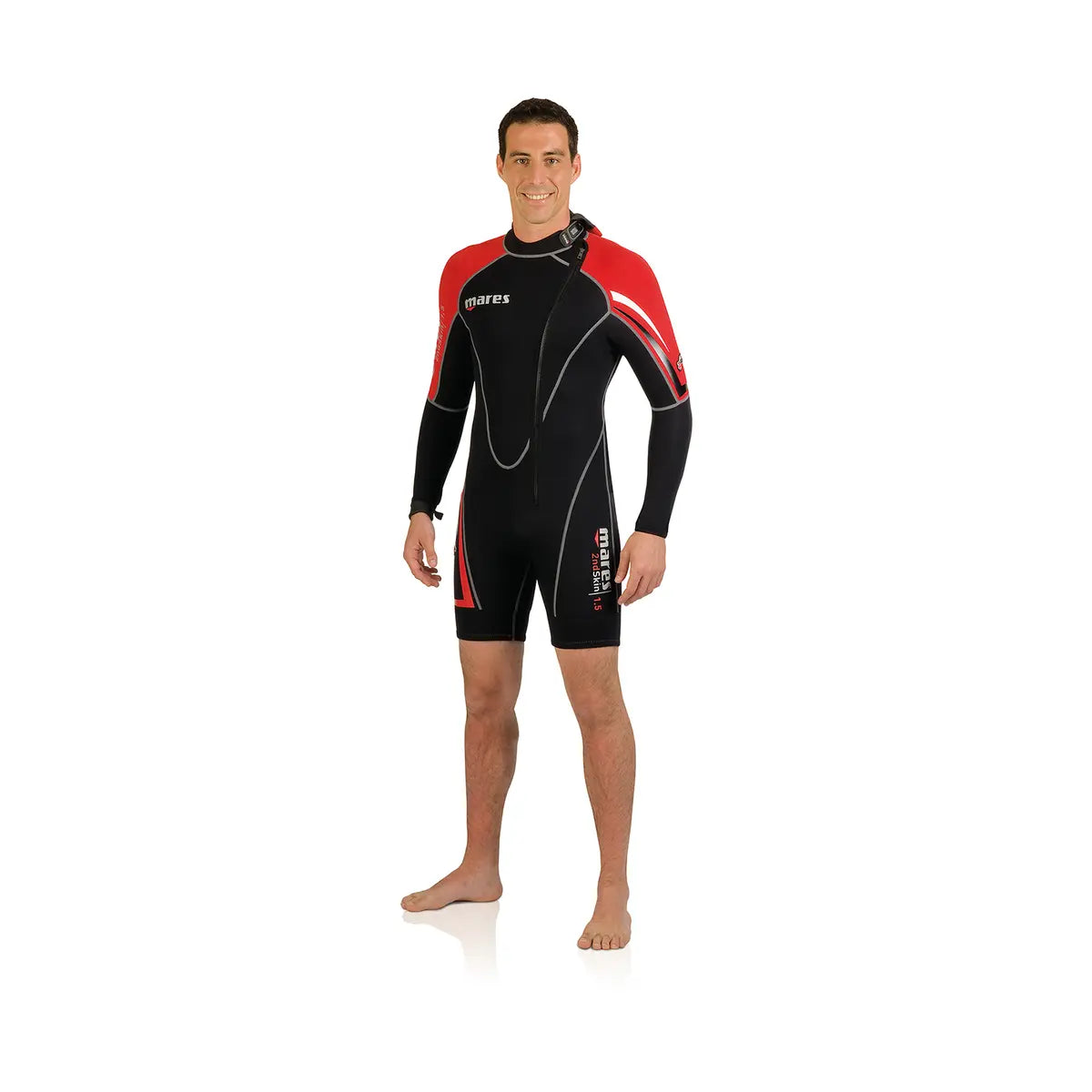 Mares 2nd Skin men's shorty in black with red shoulders, front view