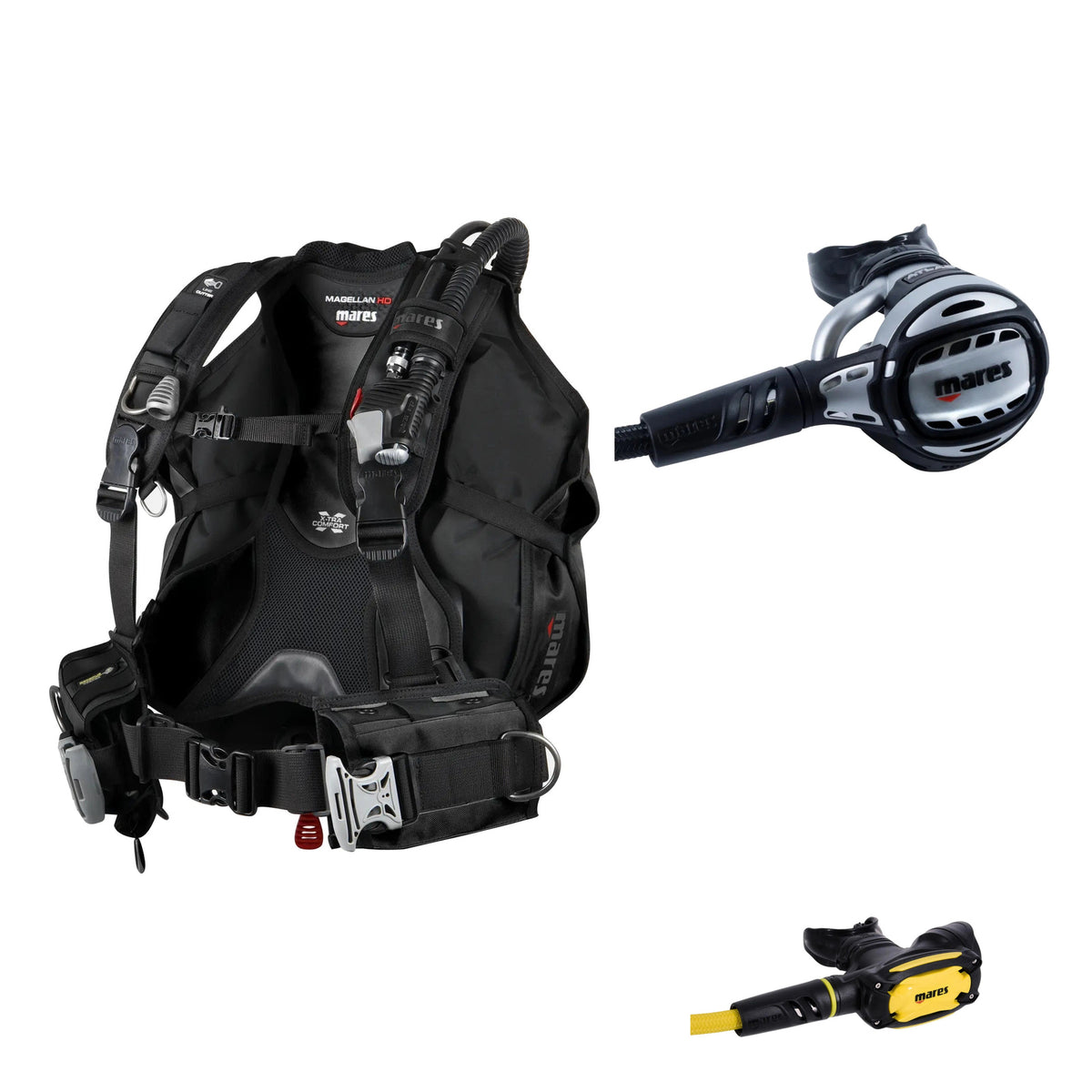 Mares Magellan HD BCD in black, Atlas 62X regulator in silver and black and SXS octopus in black and yellow