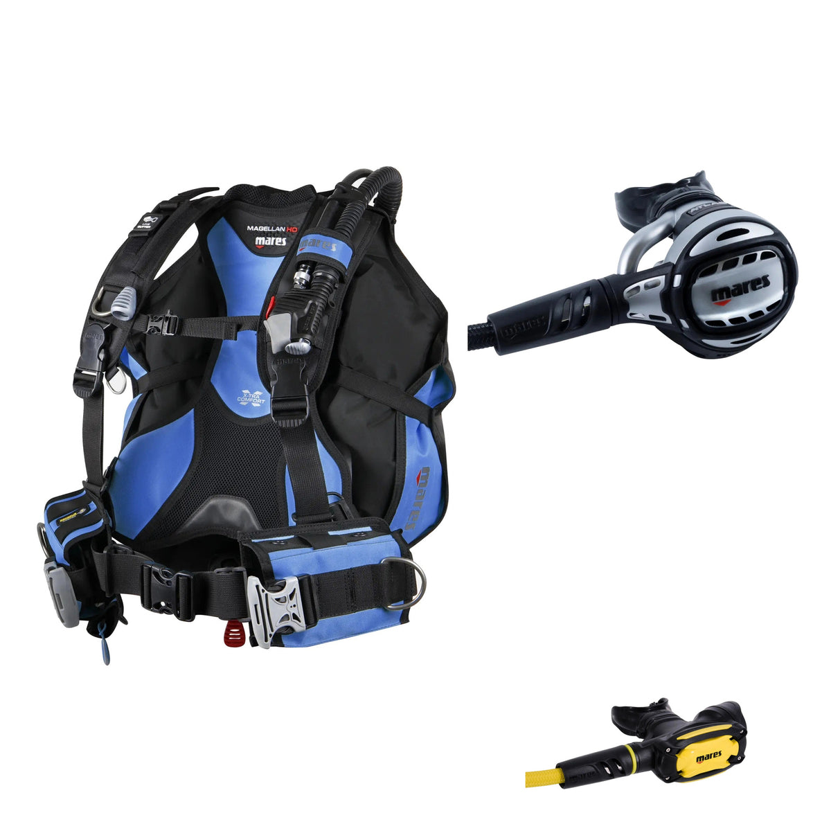 Mares Magellan HD BCD in black, Atlas 62X regulator in silver and black and SXS octopus in black and yellow