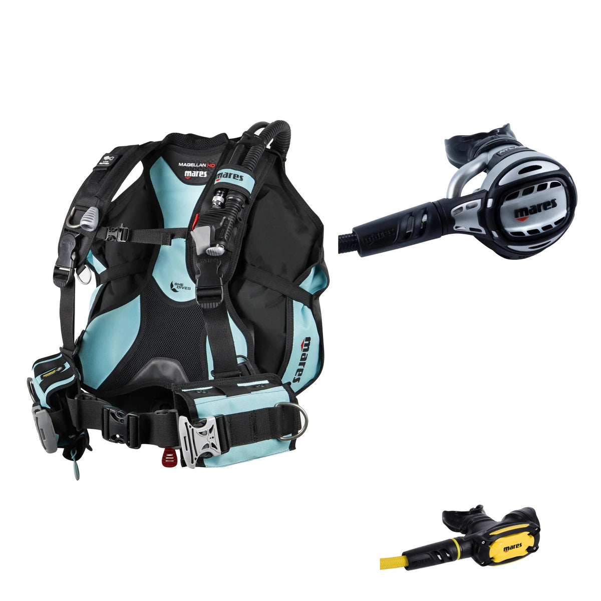 Mares Magellan HD She Dives women's BCD in black with aqua panels, Atlas 62X regulator in silver and black and SXS octopus in black and yellow