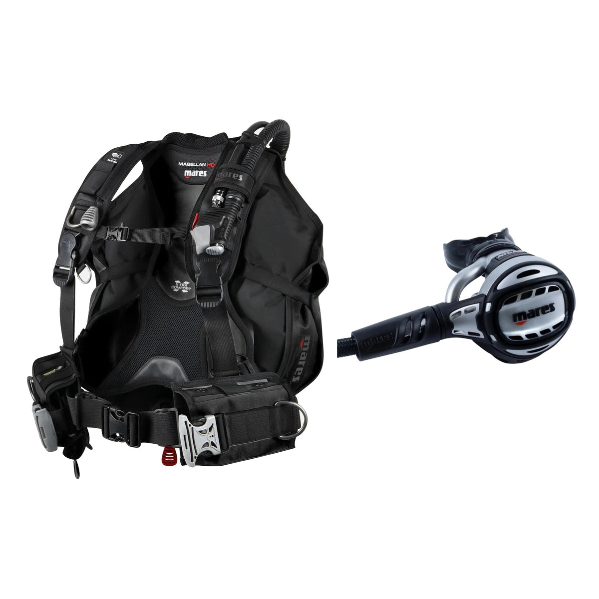 Mares Magellan HD BCD in black and Atlas 62X regulator in silver and black