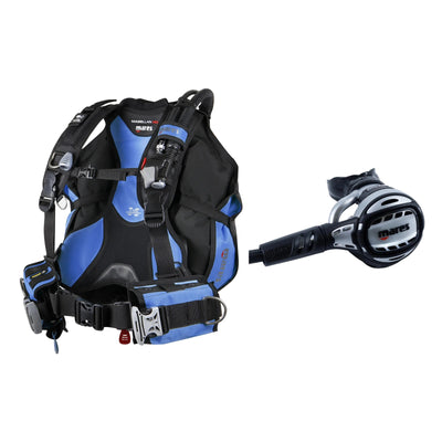Mares Magellan HD BCD in black with blue panels and Atlas 62X regulator in silver and black