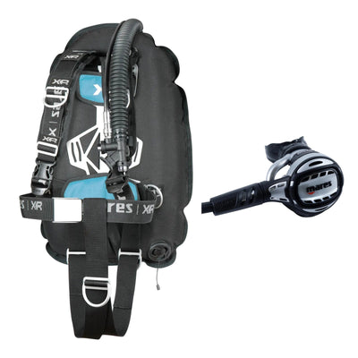 Mares XR-Rec Trim single backmount set in black with aqua padding and Atlas 62X regulator in silver and black
