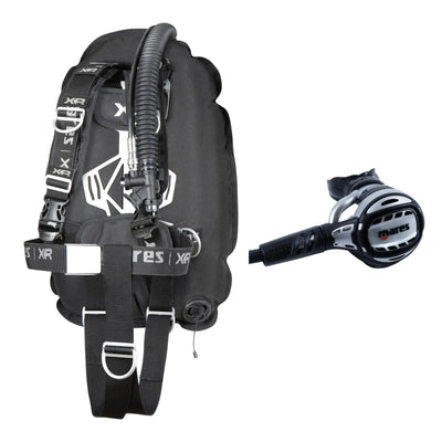 Mares XR-Rec Trim single backmount set in black and Atlas 62X regulator in silver and black
