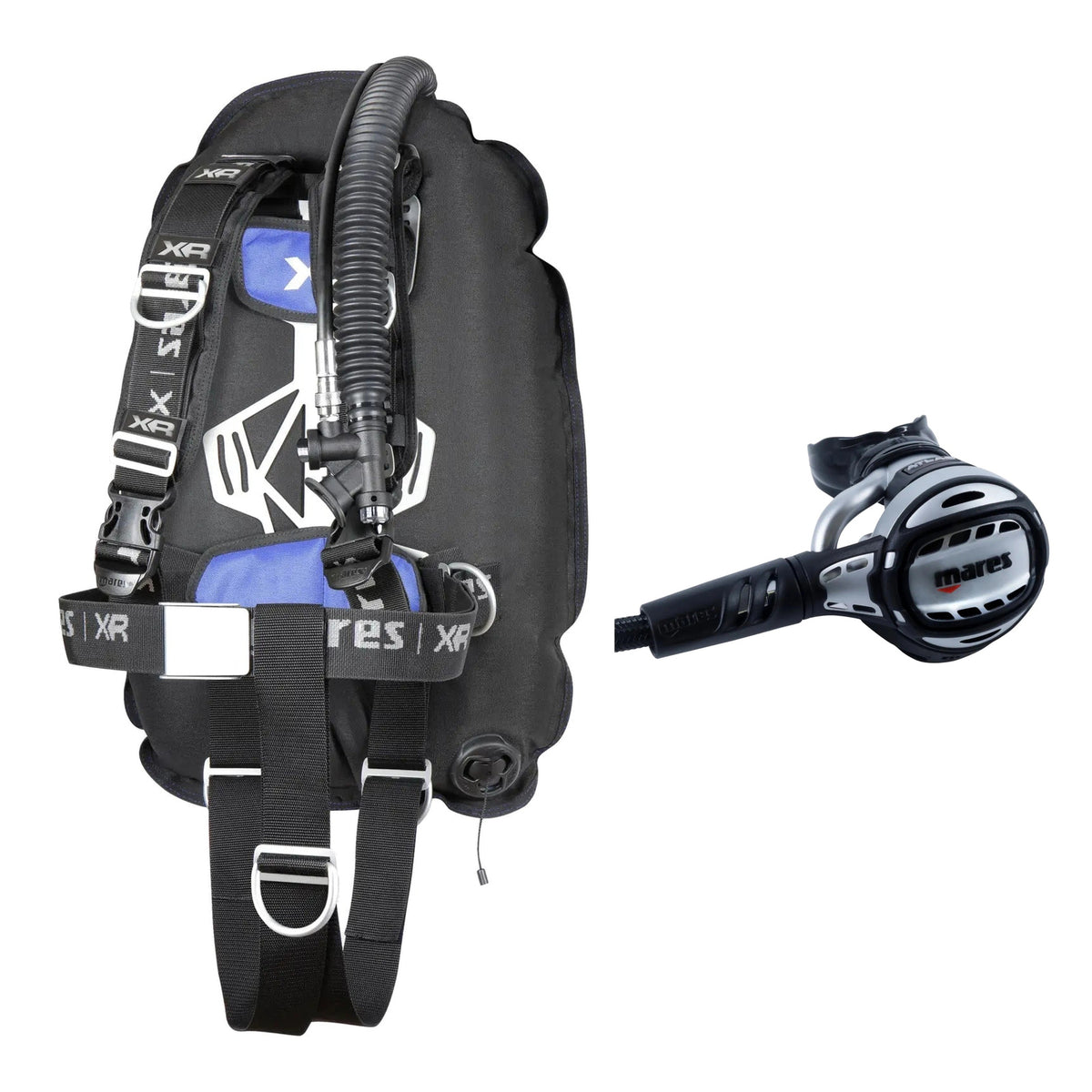Mares XR-Rec Trim single backmount set in black with blue padding and Atlas 62X regulator in silver and black