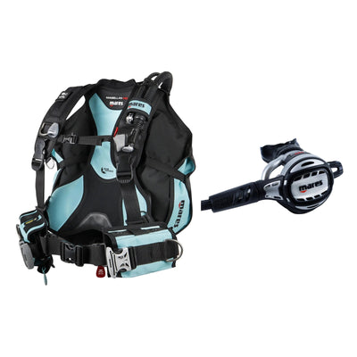 Mares Magellan HD She Dives women's BCD in black with aqua panels and Atlas Adj 62X regulator in silver and black