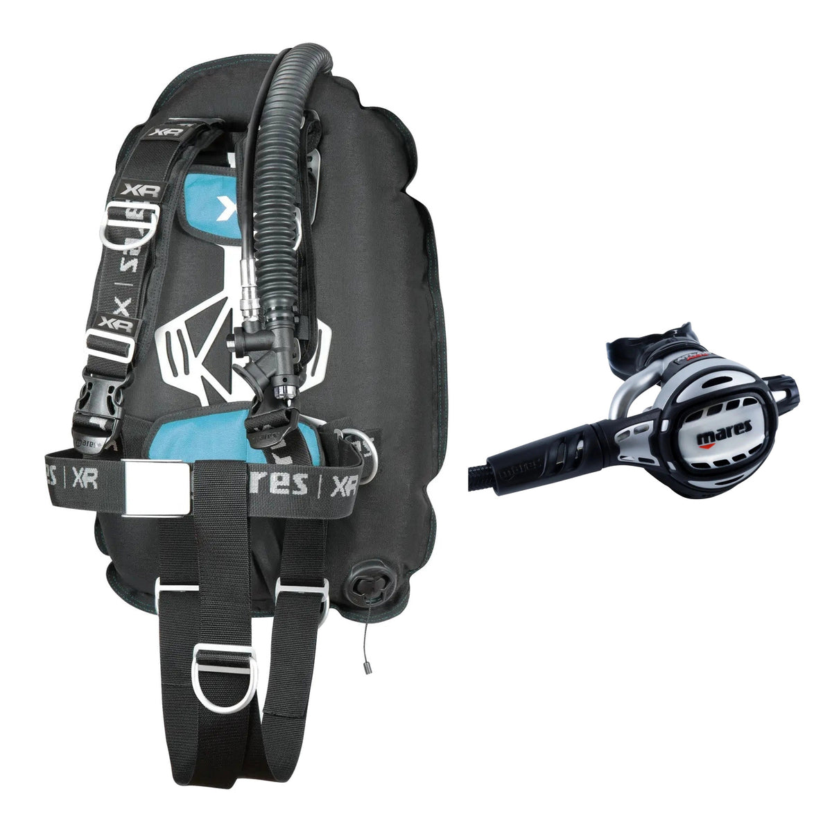 Mares XR-Rec Trim single backmount set in black and Atlas Adj 62X regulator in silver and black