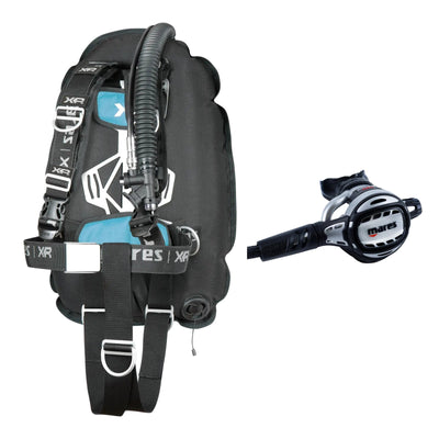 Mares XR-Rec Trim single backmount set in black with aqua padding and Atlas Adj 62X regulator in silver and black