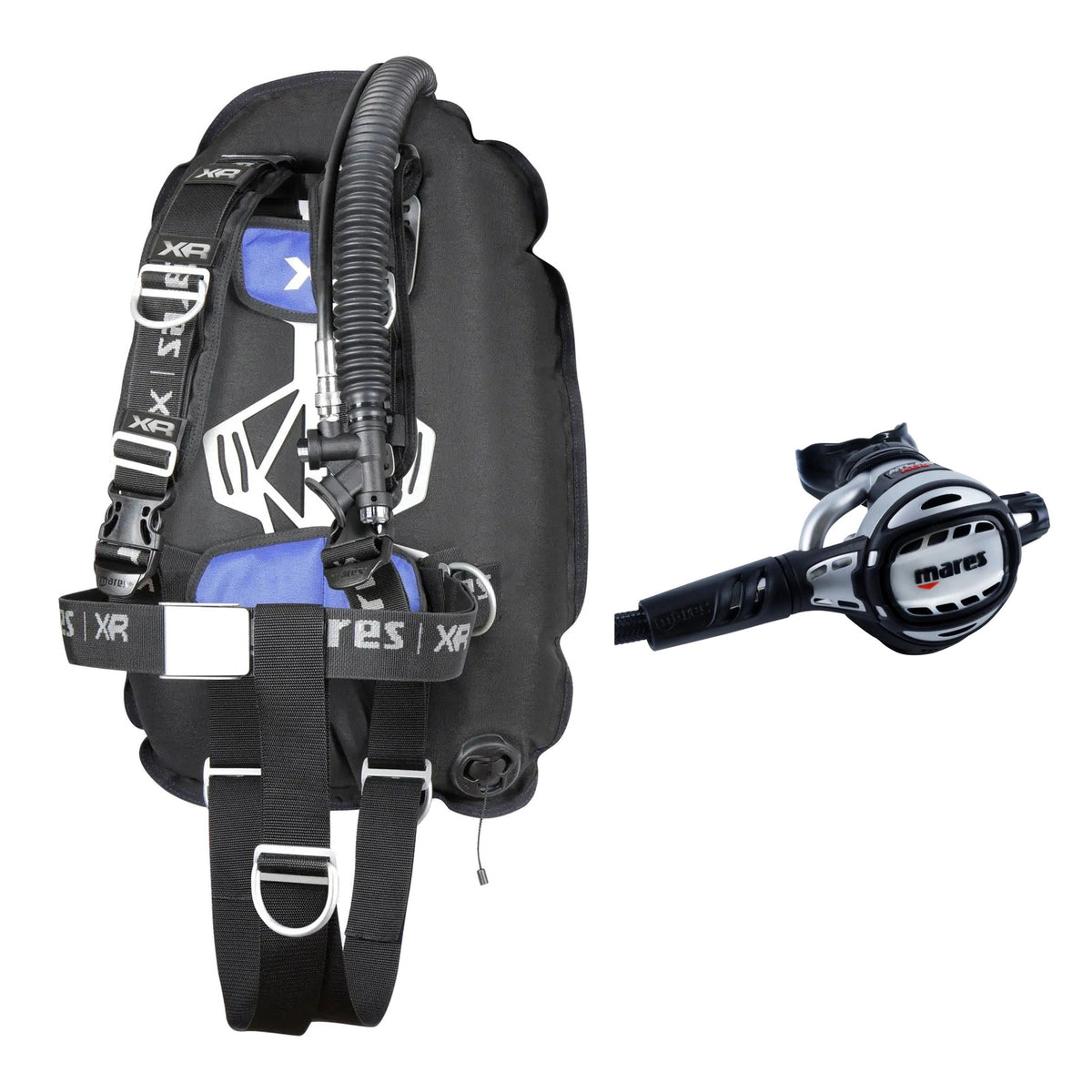 Mares XR-Rec Trim single backmount set in black and Atlas Adj 62X regulator in silver and black