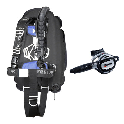 Mares XR-Rec Trim single backmount set in black with blue padding and Atlas Adj 62X regulator in silver and black