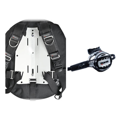 Mares Rover Tech BCD in black with a silver backplate and Atlas Adj 62X regulator in silver and black