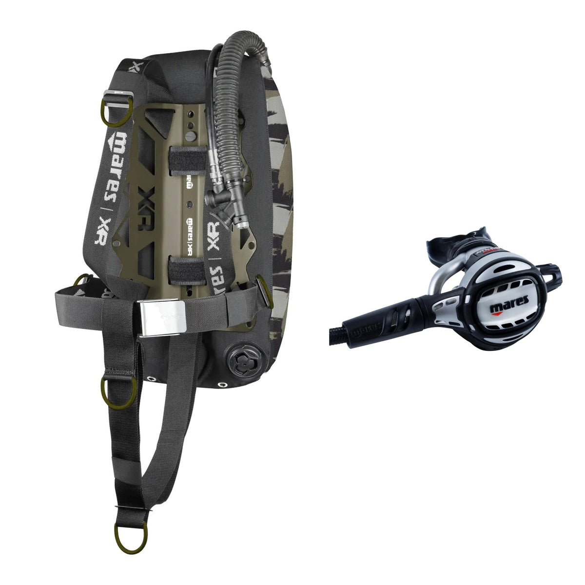 Mares Tactical Green single backmount set in camouflage green and Atlas Adj 62X regulator in silver and black