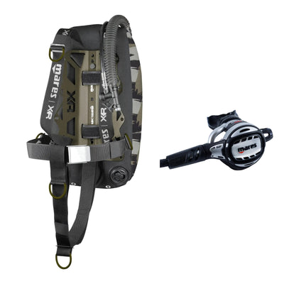 Mares Tactical Green single backmount set in camouflage green and Atlas Adj 62X regulator in silver and black