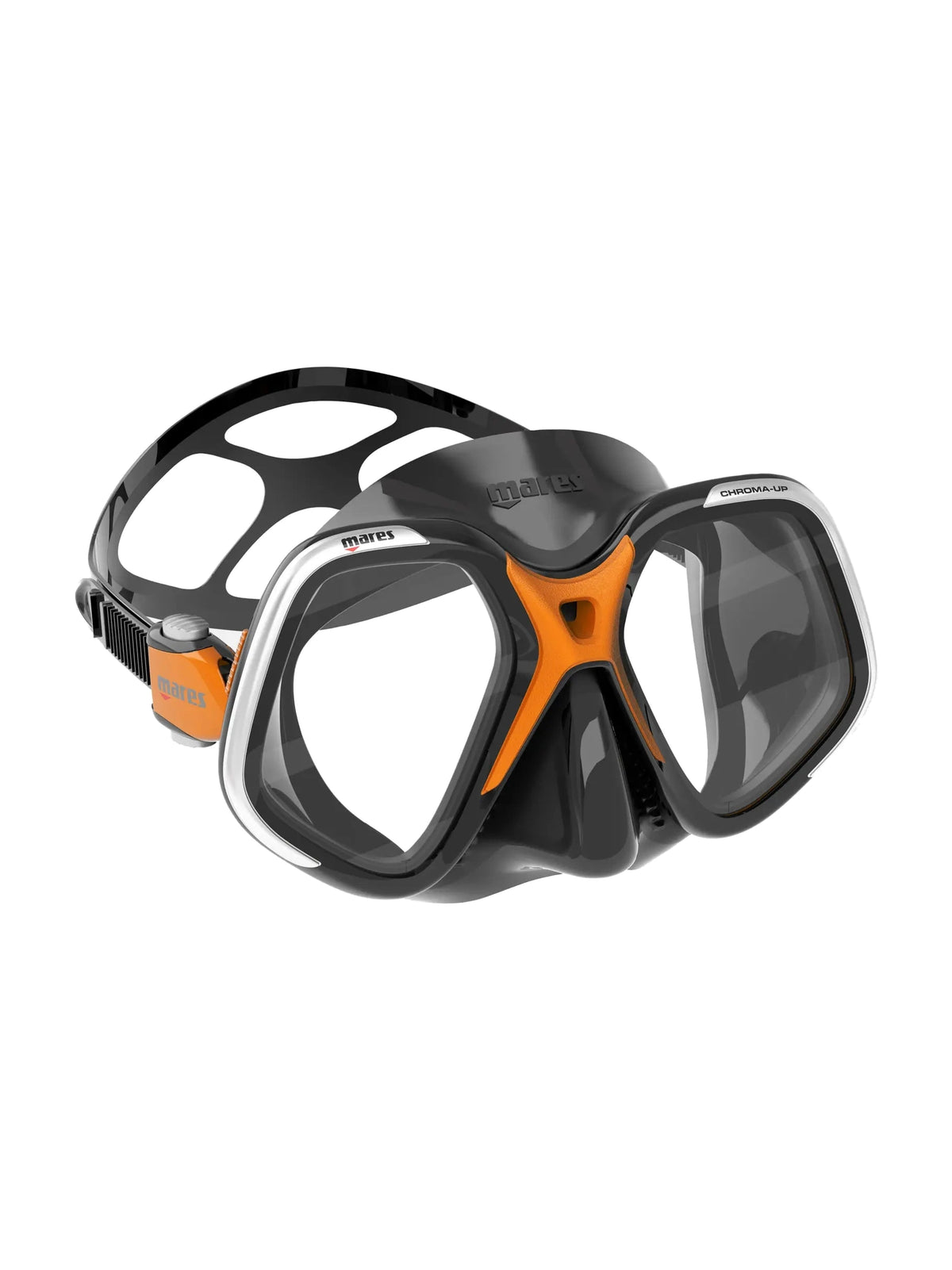 Mares Chroma Up dive mask in black and orange, three-quarter front view