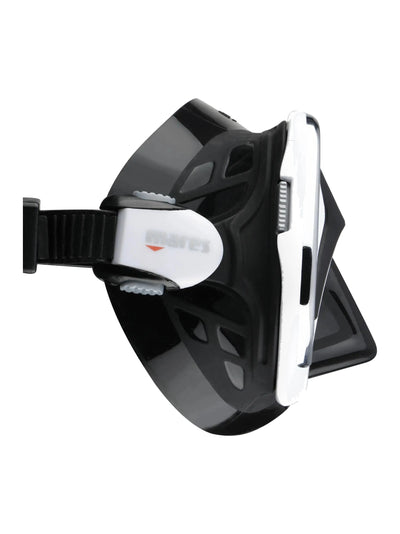 Mares Chroma Up dive mask in black and white, side view of the buckle