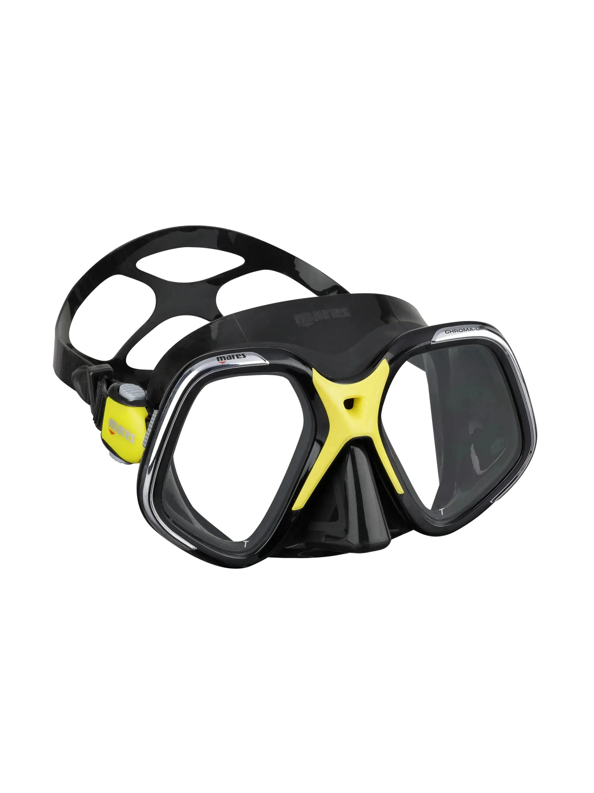 Mares Chroma Up dive mask in black and yellow, three-quarter front view