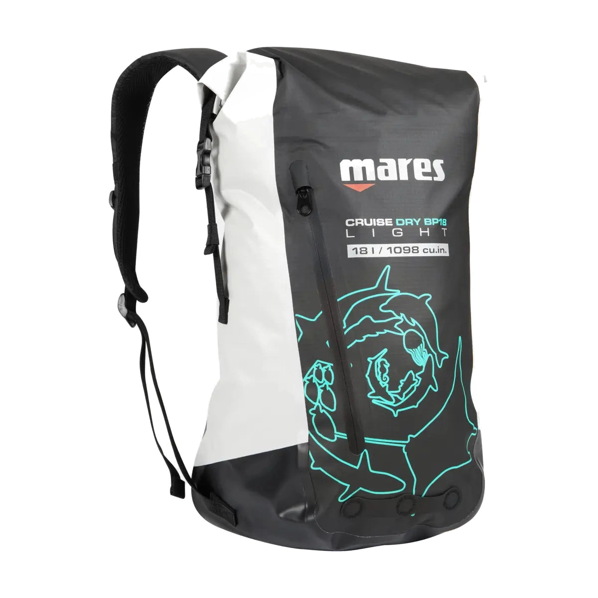 Mares Cruise Dry BP18 Light 18 litre roll-top backpack in white with aqua print