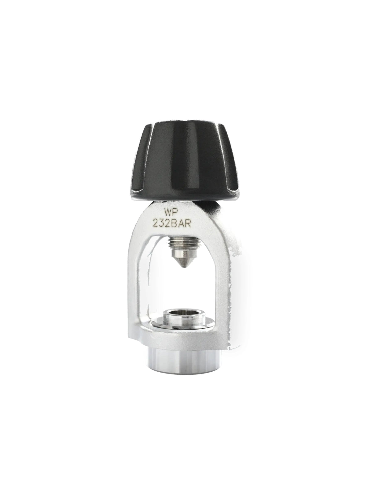 Mares DIN to yoke adaptor in chrome with a black handwheel, marked 232 bar