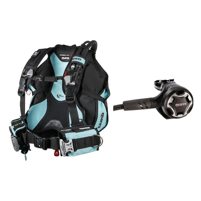Mares Magellan HD She Dives women's BCD in black with aqua panels and Dual 15X regulator in black