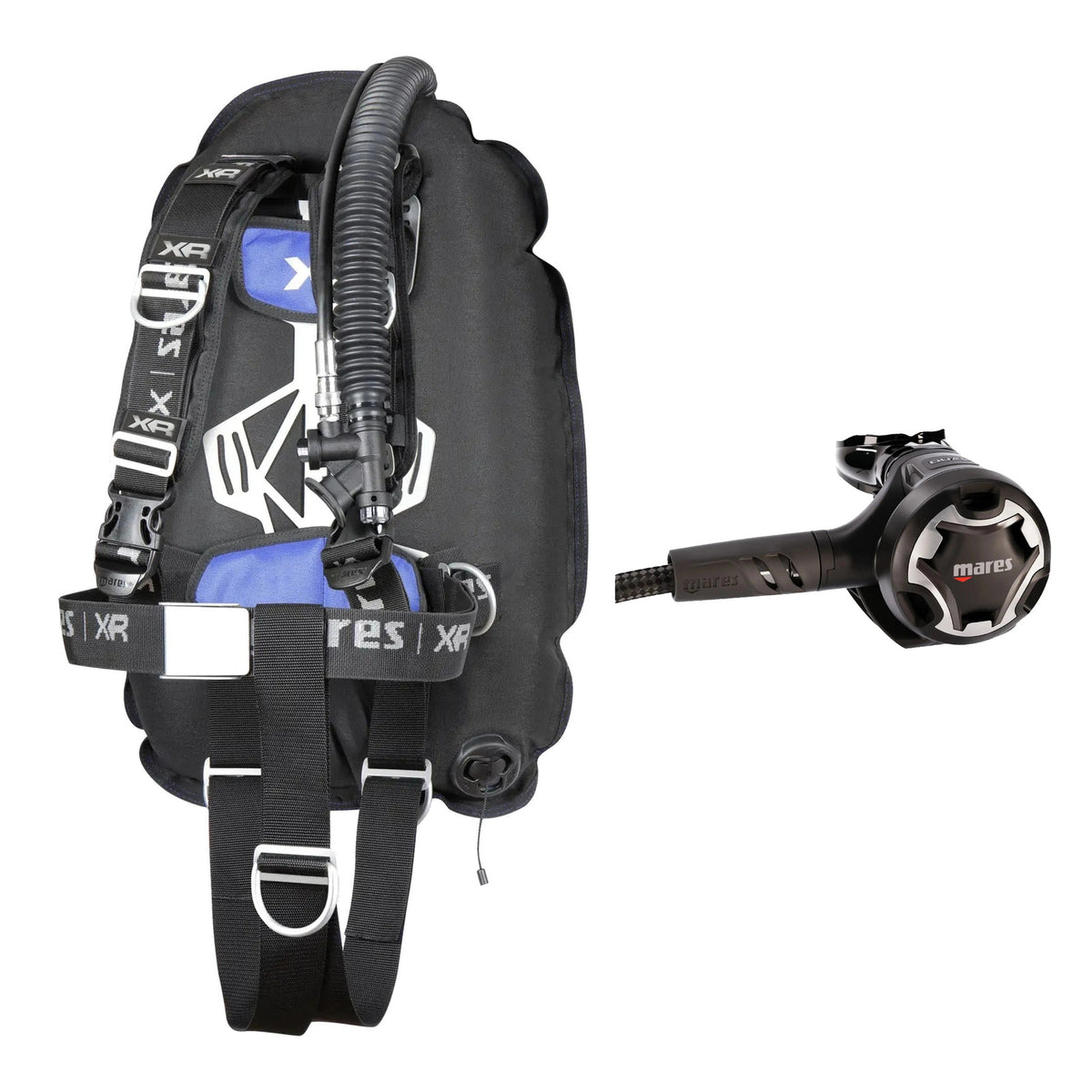 Mares XR-Rec Trim single backmount set in black and Dual 15X regulator in black