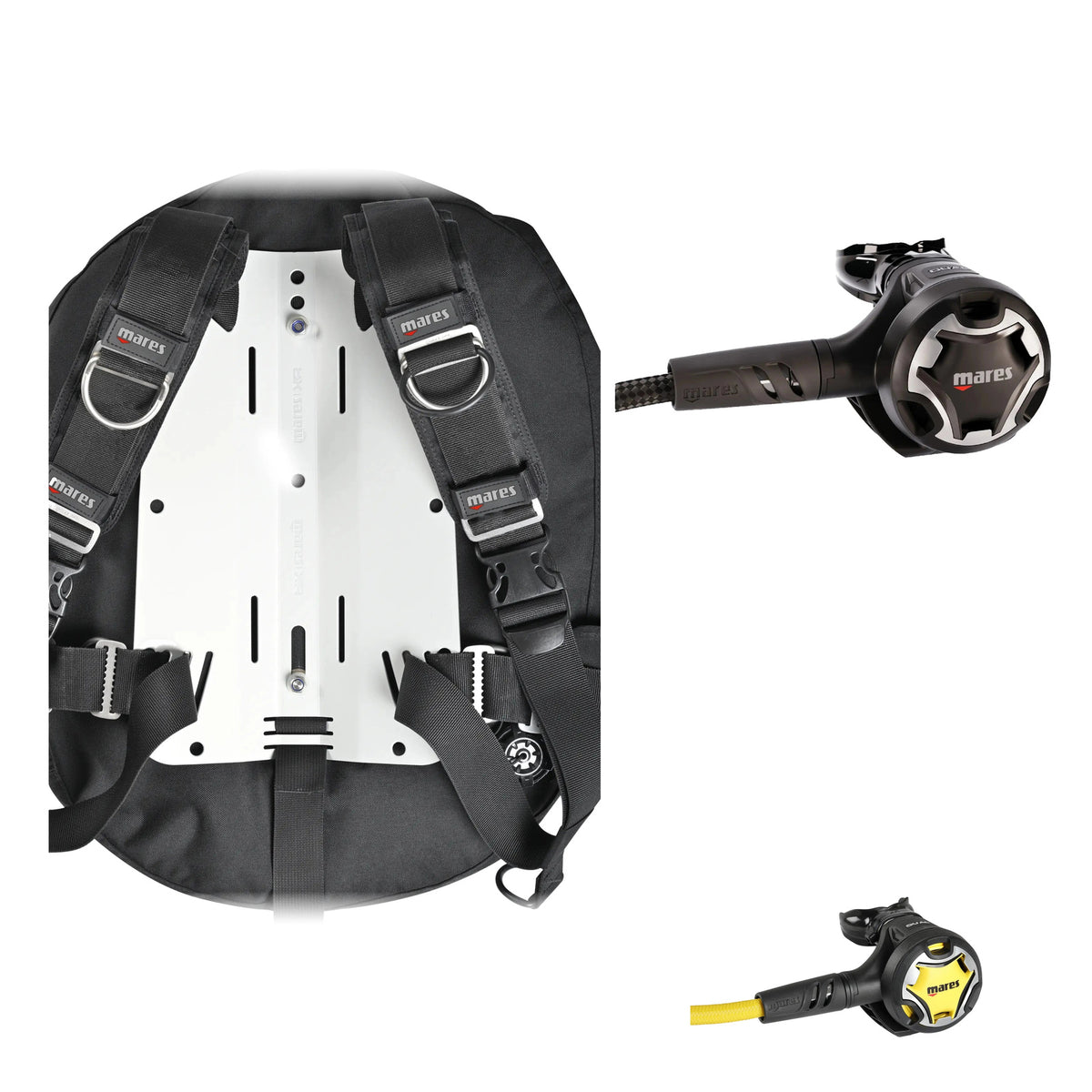 Mares Rover Tech BCD in black with a silver backplate, Dual 15X regulator in black and Dual octopus in black and yellow