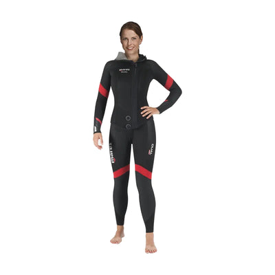 Mares Dual 5mm She Dives wetsuit in black with red bands, jacket front view