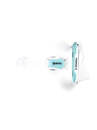 Mares Force-X dive mask in aqua and white, side view showing the Y-shaped buckle