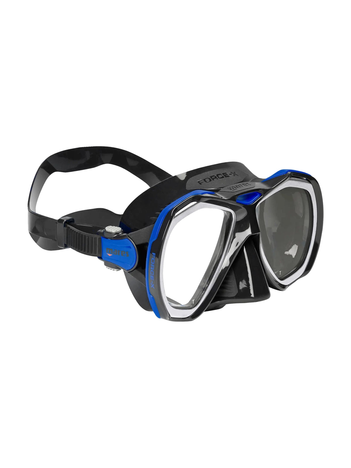 Mares Force-X dive mask in black and grey, three-quarter front view